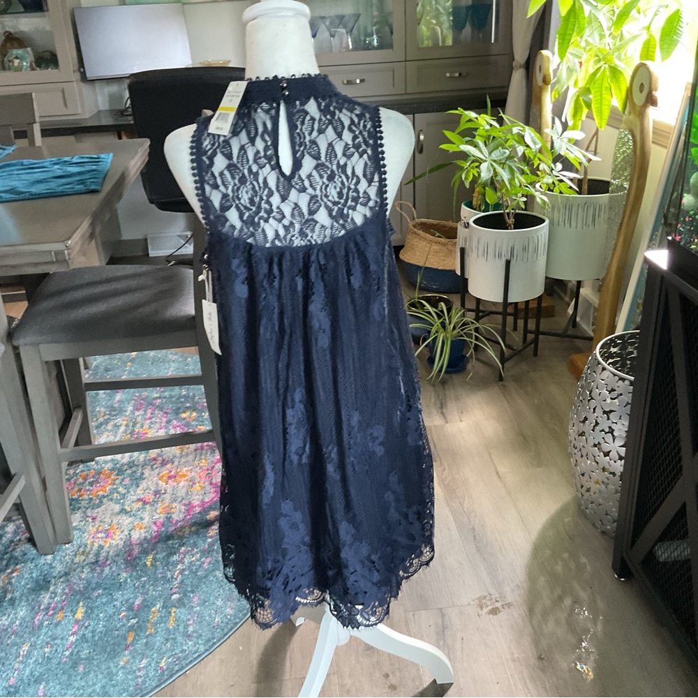 Chic Navy Lace Halter Dress - Picture 2 of 7